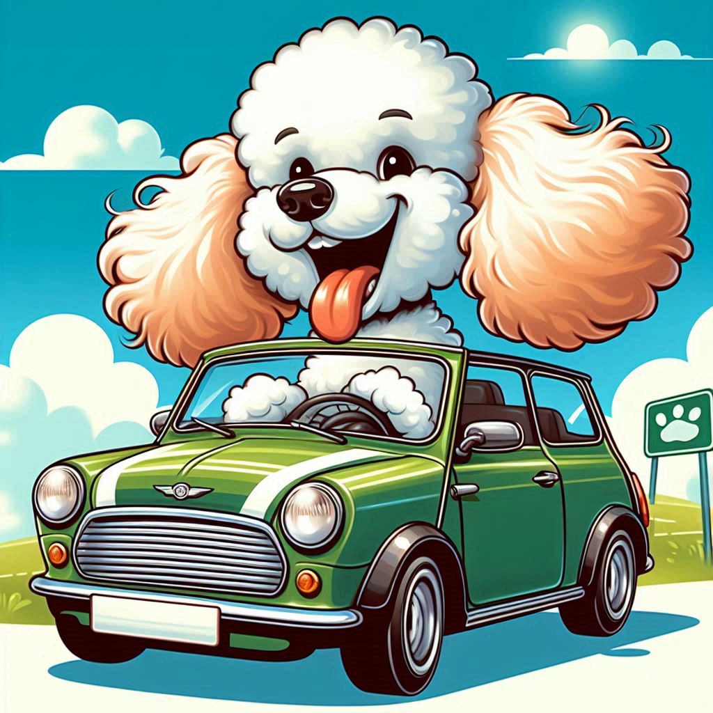 cartoon dog driving a mini cooper