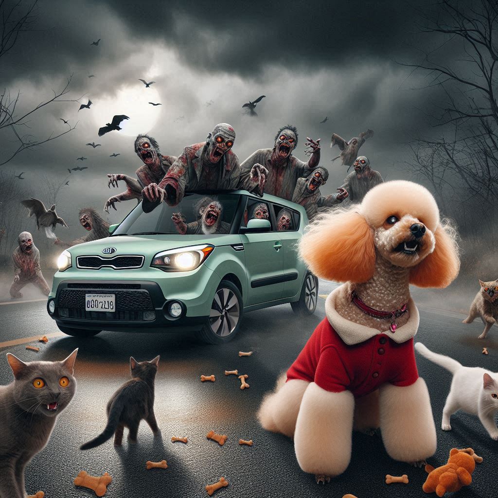 a horder of zombie cats chasing a Poodle